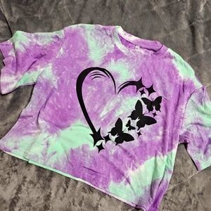 Purple and Green Cropped Shirt with Heart and Butterfly Design